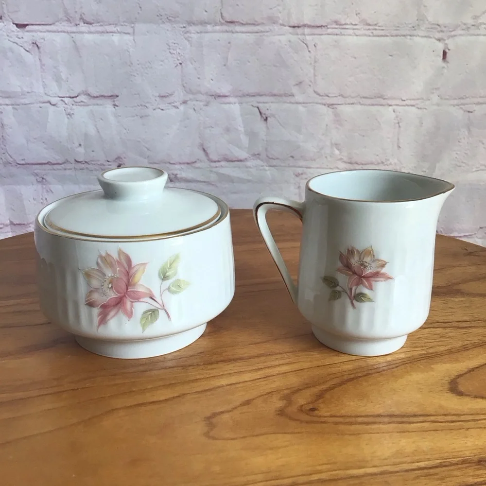 Vintage Scherzer Bavaria Floral Porcelain Covered Sugar Bowl and Creamer Set